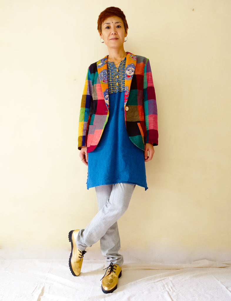 image of MIRCHI KOMACHI cotton casual blazer jacket for women with colourful plaid and kalamkari plus kurta