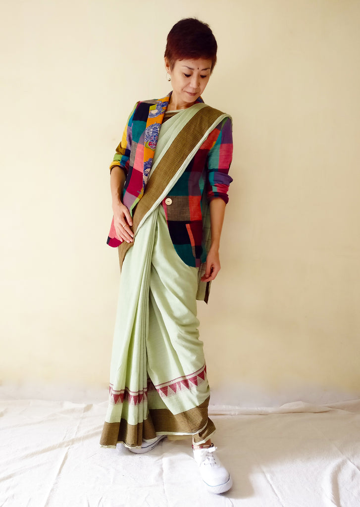 image of MIRCHI KOMACHI cotton casual blazer jacket with colourful plaid and kalamkari for ladies plus saree