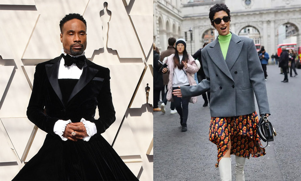 Billy Porter in a curvy jacket and a woman in a boxy jacket