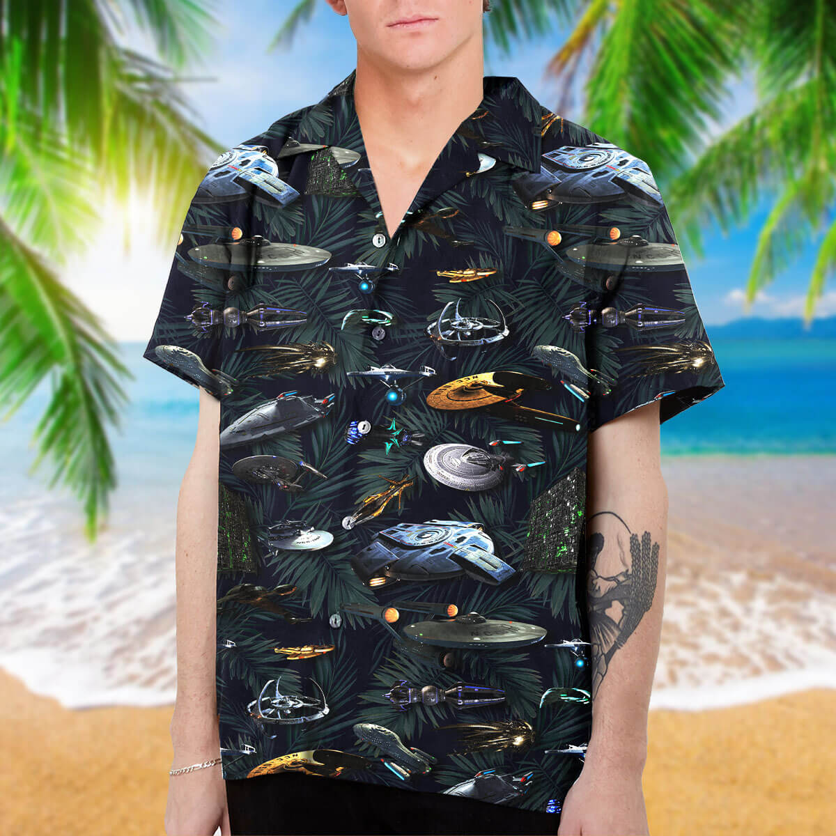 PALM AND FISH PRINT SHORT-SLEEVE SHIRT