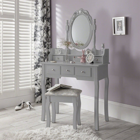 capri grey dressing table with oval mirror and stool