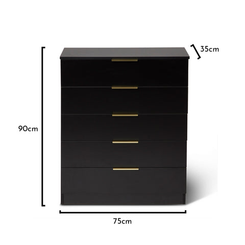 Essie Black Chest of Drawers with Gold Handles by Laura James