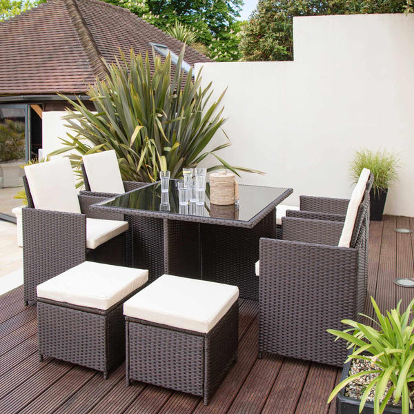 8 Seater Rattan Cube Outdoor Dining Set with Parasol - Mixed Brown Wea