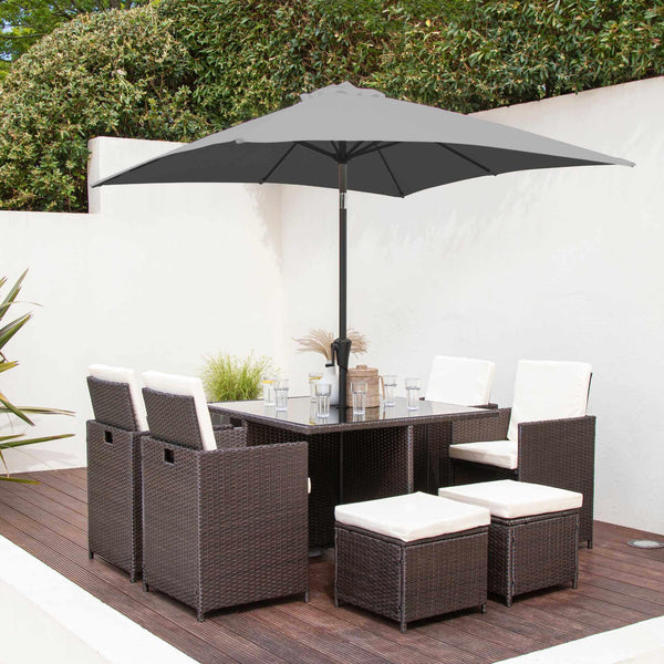 8 Seater Rattan Cube Outdoor Dining Set with Parasol - Mixed Brown Wea