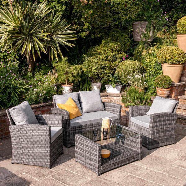 4 Seater Rattan Garden Sofa Set with Lean Over Parasol and Base - Grey