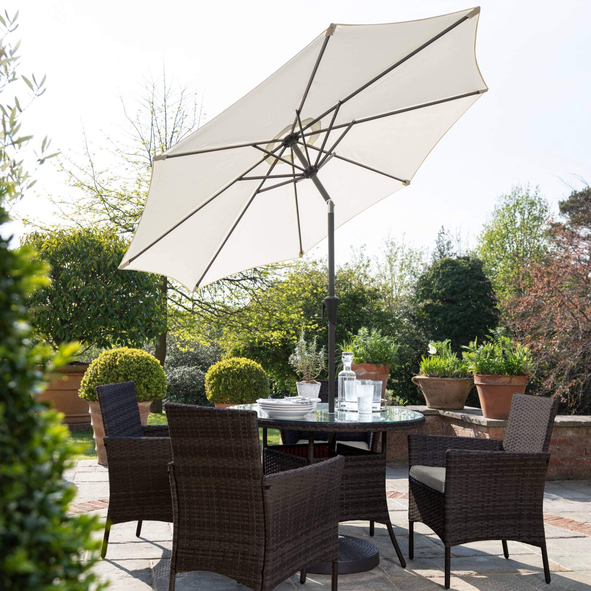 4 Seater Rattan Round Dining Set with Premium Parasol with Parasol Rai