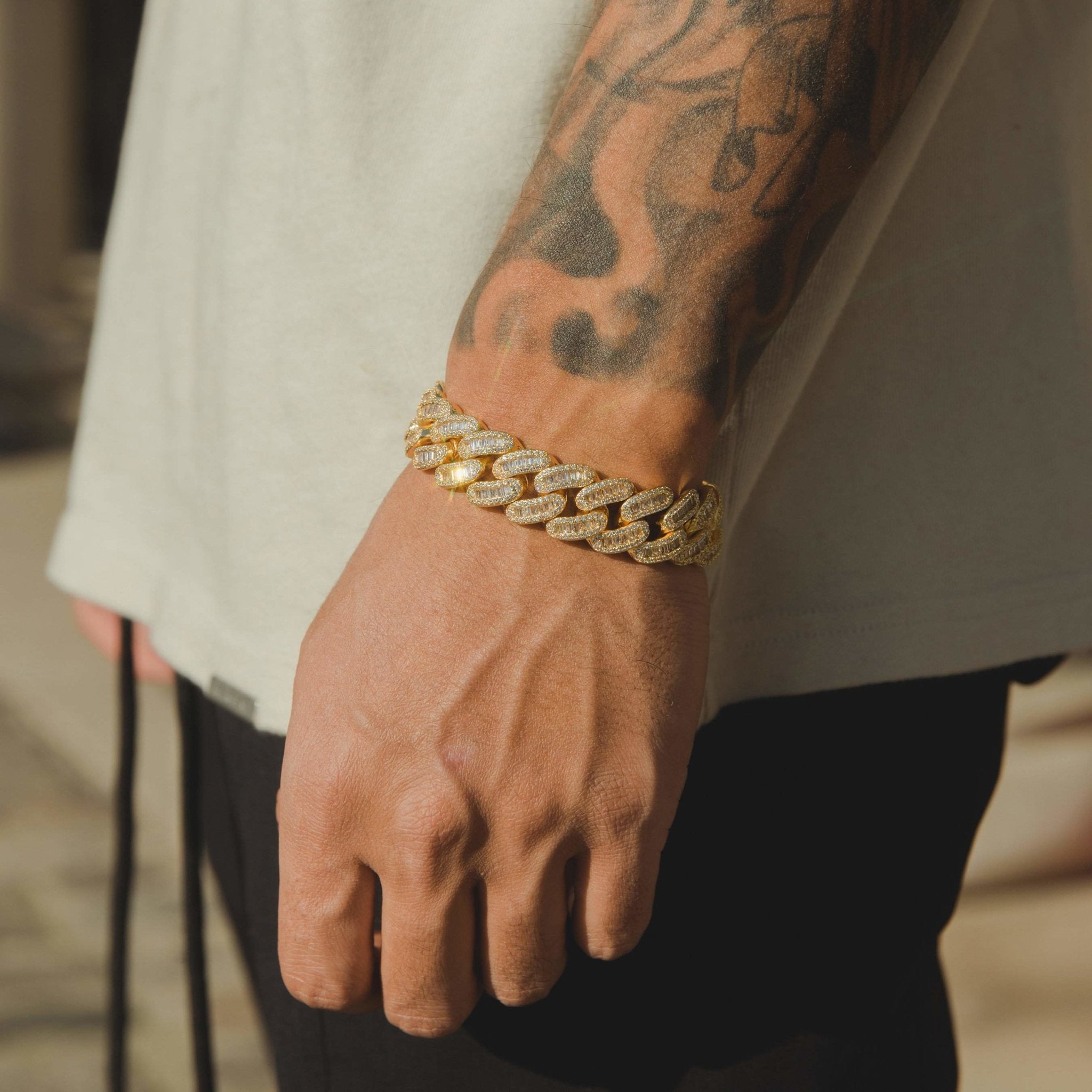 15mm Baguette Cuban Link Bracelet - Gold