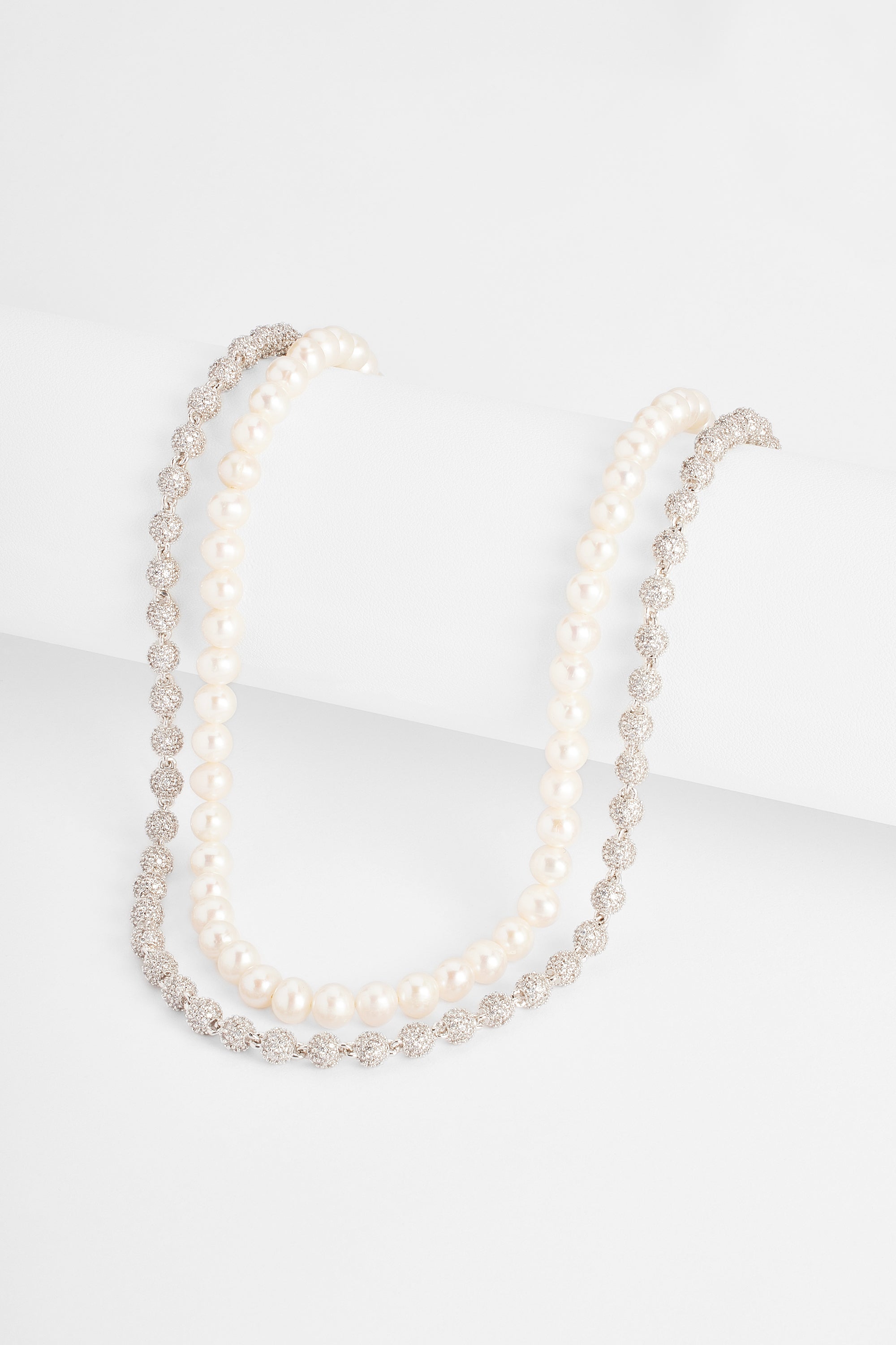 6mm Pearl Necklace + 5mm Iced Ball Chain Bundle