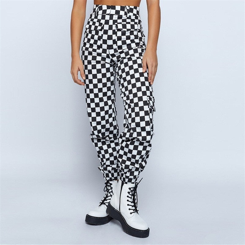 Checkerboard Print Cargo Pants 