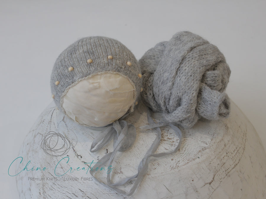 Beaded Bonnet & Wrap Set - Newborn - Dove Grey