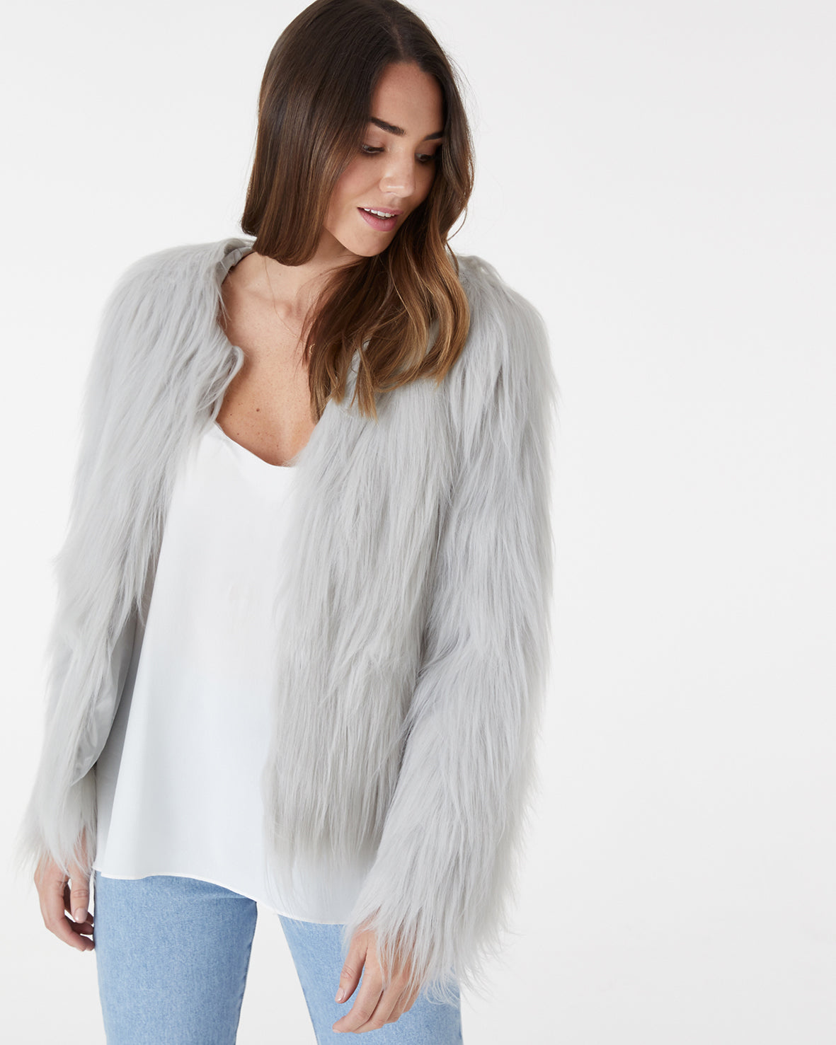 grey faux fur jacket