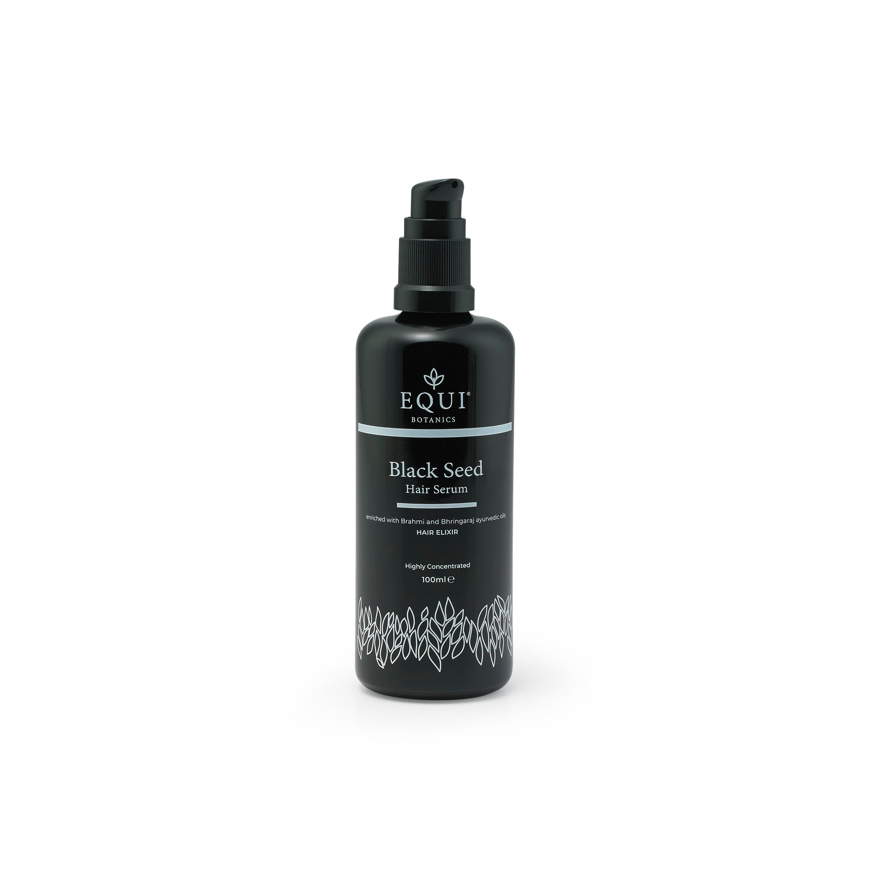 'Black Seed Hair Serum bottle from Equi Botanics with a pump dispenser.'