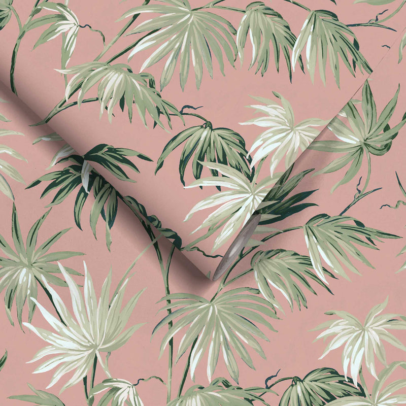 Va Va Frome Powder Pink Wallpaper Pink/Green Bright Tropical Floral &  Botanical Trees & Leaves Pattern Traditional Wallpaper by Woodchip &  Magnolia