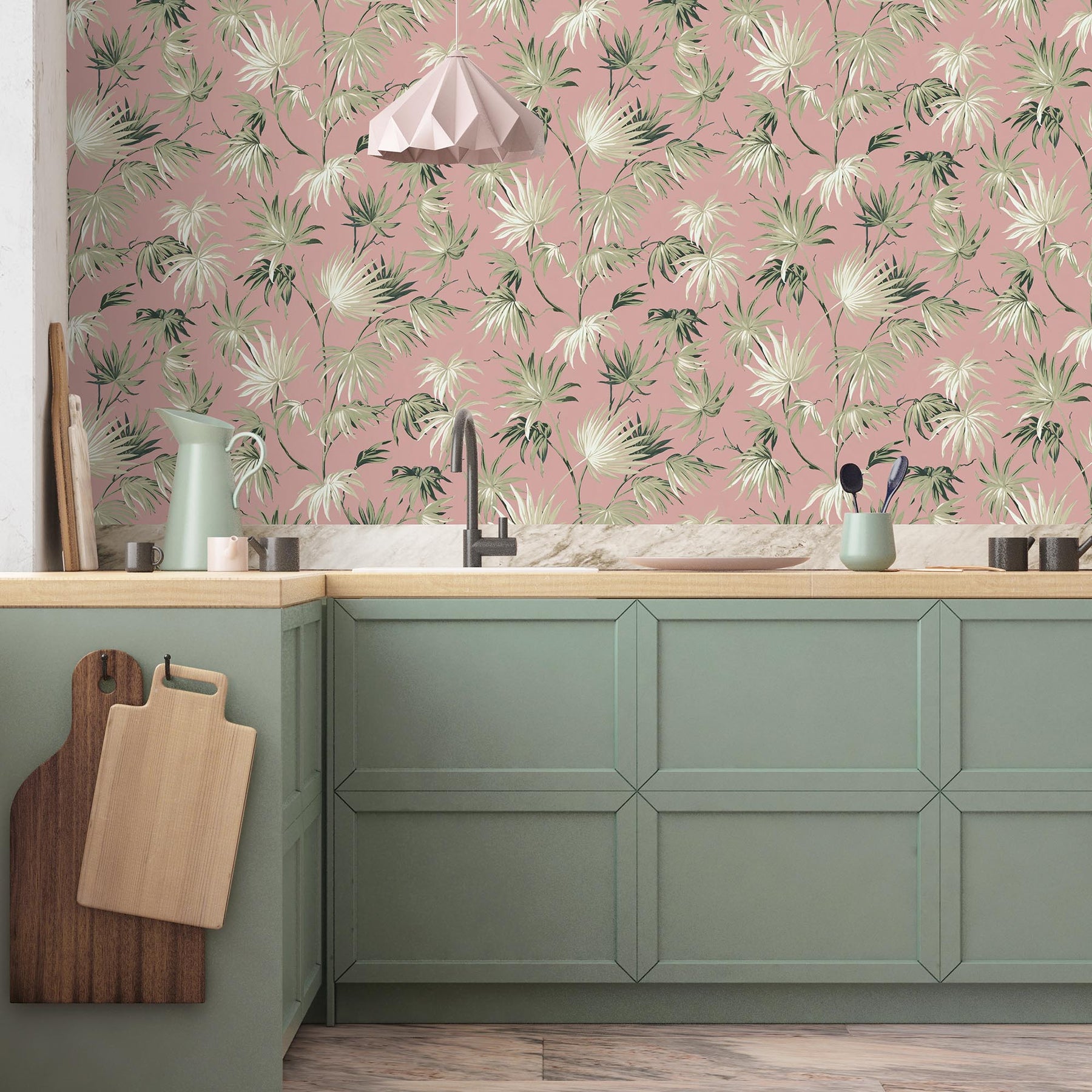 Tấm nền giấy dán tường màu hồng pastel với họa tiết lá xanh rất phù hợp cho phòng khách và phòng ngủ của bạn. Hãy xem hình ảnh để tận hưởng sự tươi mới và giản đơn của nó.