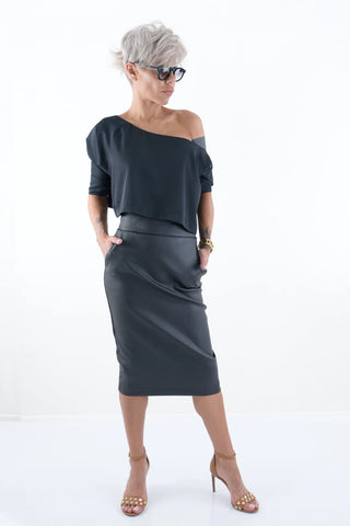 BLACK LEATHERETTE HIGH WAIST PENCIL SKIRT WITH POCKETS