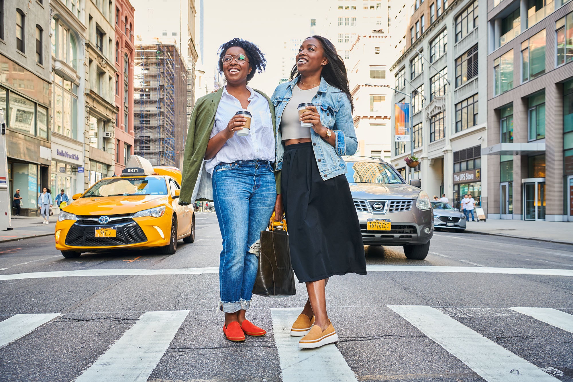 Tiffany and Amber Davis wearing the Sutton Slip On and Sutton Sneaker in New York City