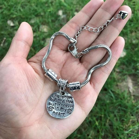 a pet memorial bracelet of a pet who crossed over the rainbow bridge