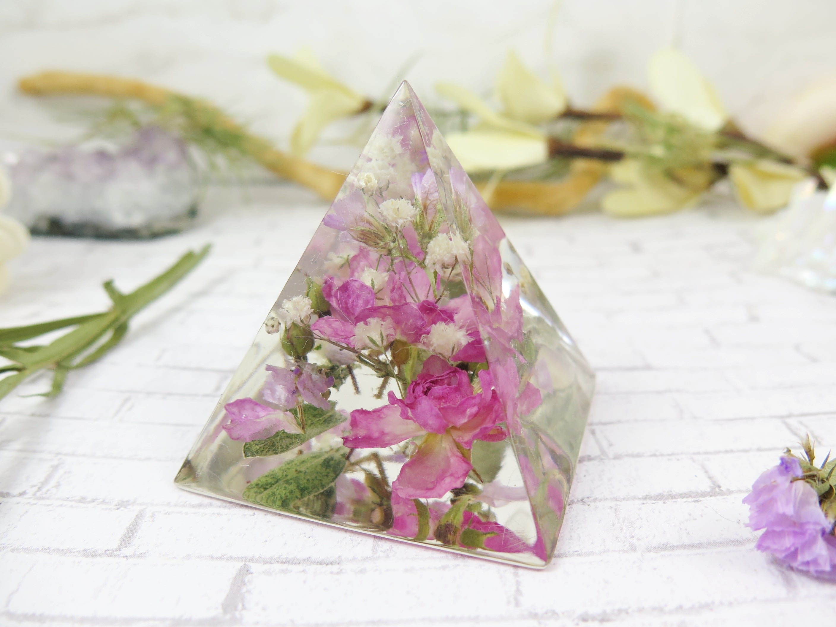Pink Roses pyramid, paperweinght desk decor real flower pyramid
