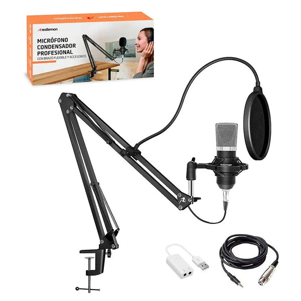 Micrófono Condensador Profesional para Estudio, AUX 3.5mm a XLR, Incluye Adaptador USB y Accesorios - Redlemon