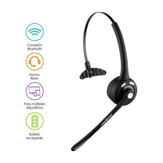 Audífono Bluetooth de Diadema con Micrófono Inalámbrico tipo Call Center para PC, Laptop, Mac, Windows, Android e IOS (iPhone) - Redlemon