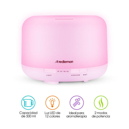 Humidificador y Difusor de Aceites Esenciales Luz LED 12 Colores (500ml) - Redlemon