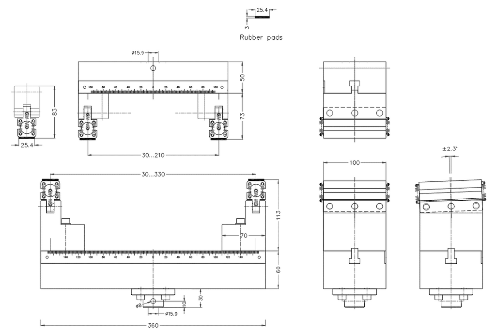 Bend fixture dimensions for 4 point test