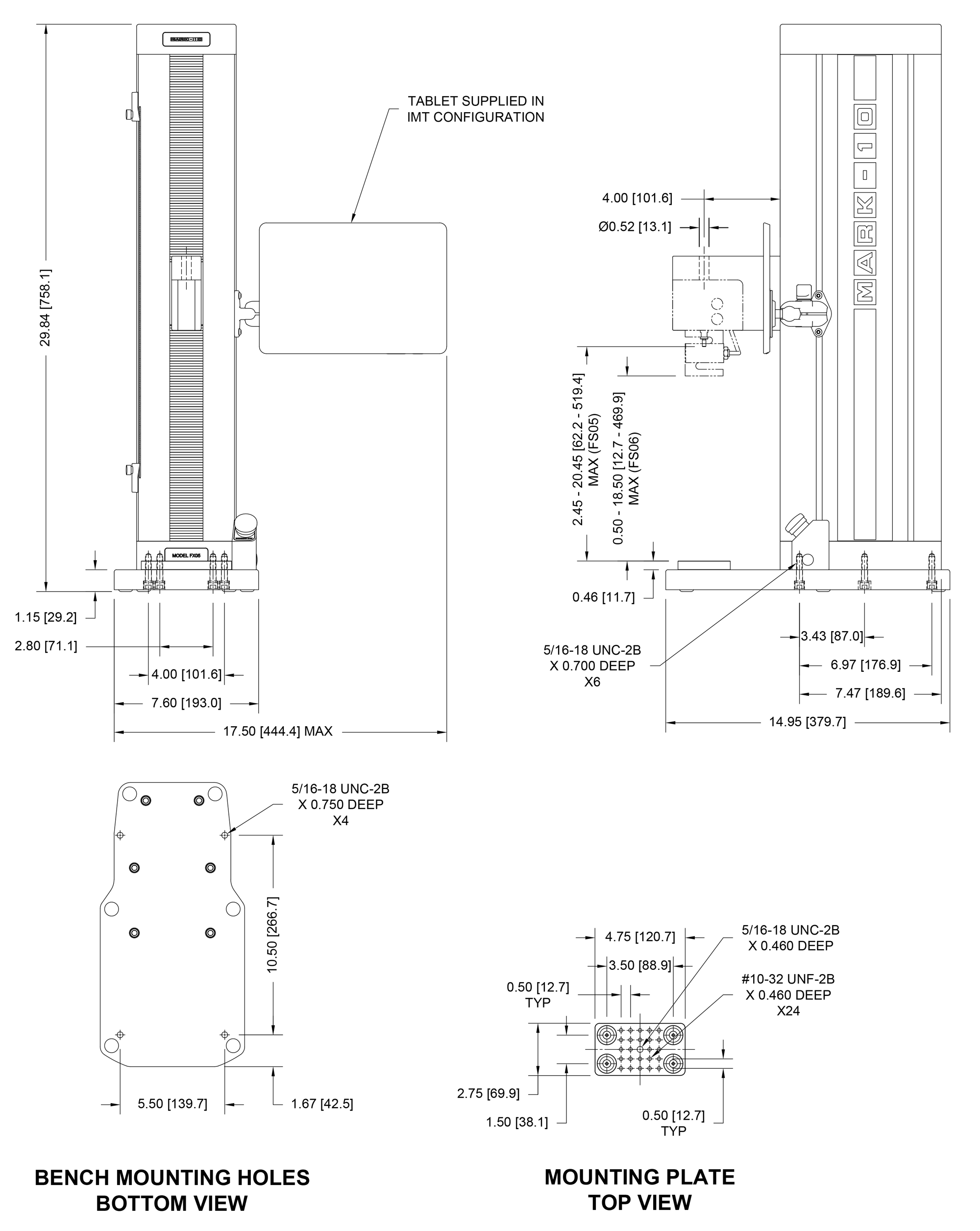 Dimensions for F105, F305, F505 test stands