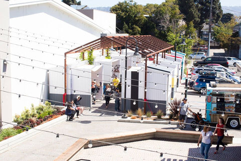 aerial shot of fourth Street Maker's Row's Stalls with shoppers