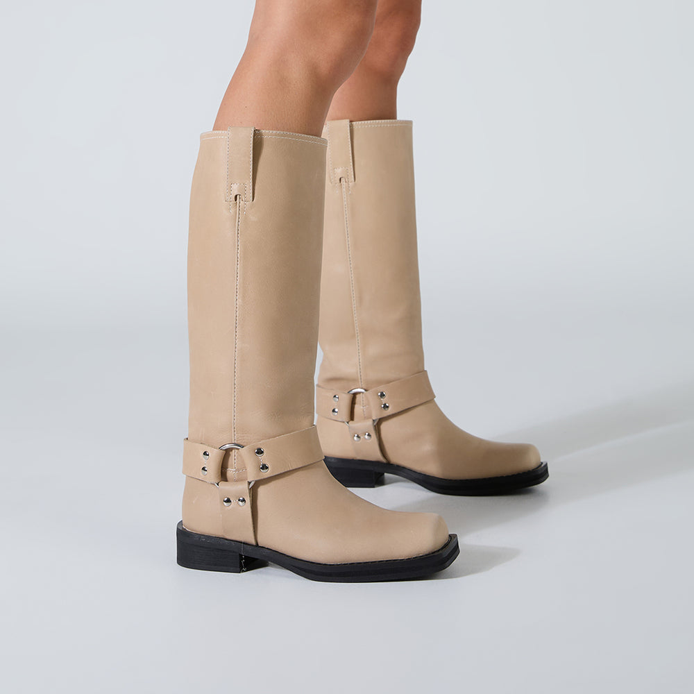 Biker Beige Wax Calf Boots - Tony Bianco