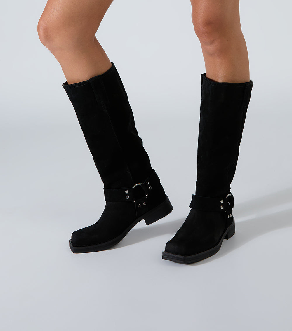 Biker Black Cameo Suede Calf Boots - Tony Bianco