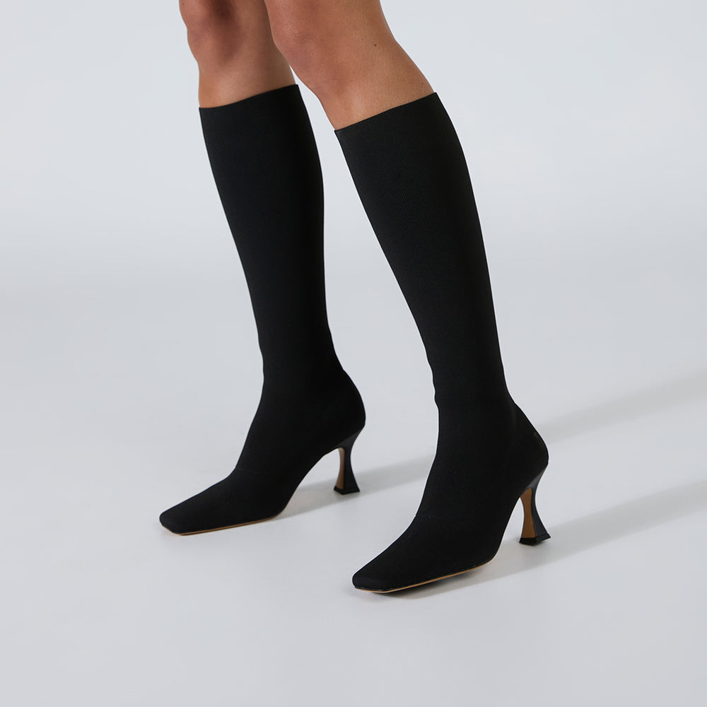 Feline Black Sock Knit Calf Boots - Tony Bianco