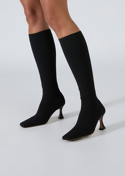 Feline Black Sock Knit Calf Boots
