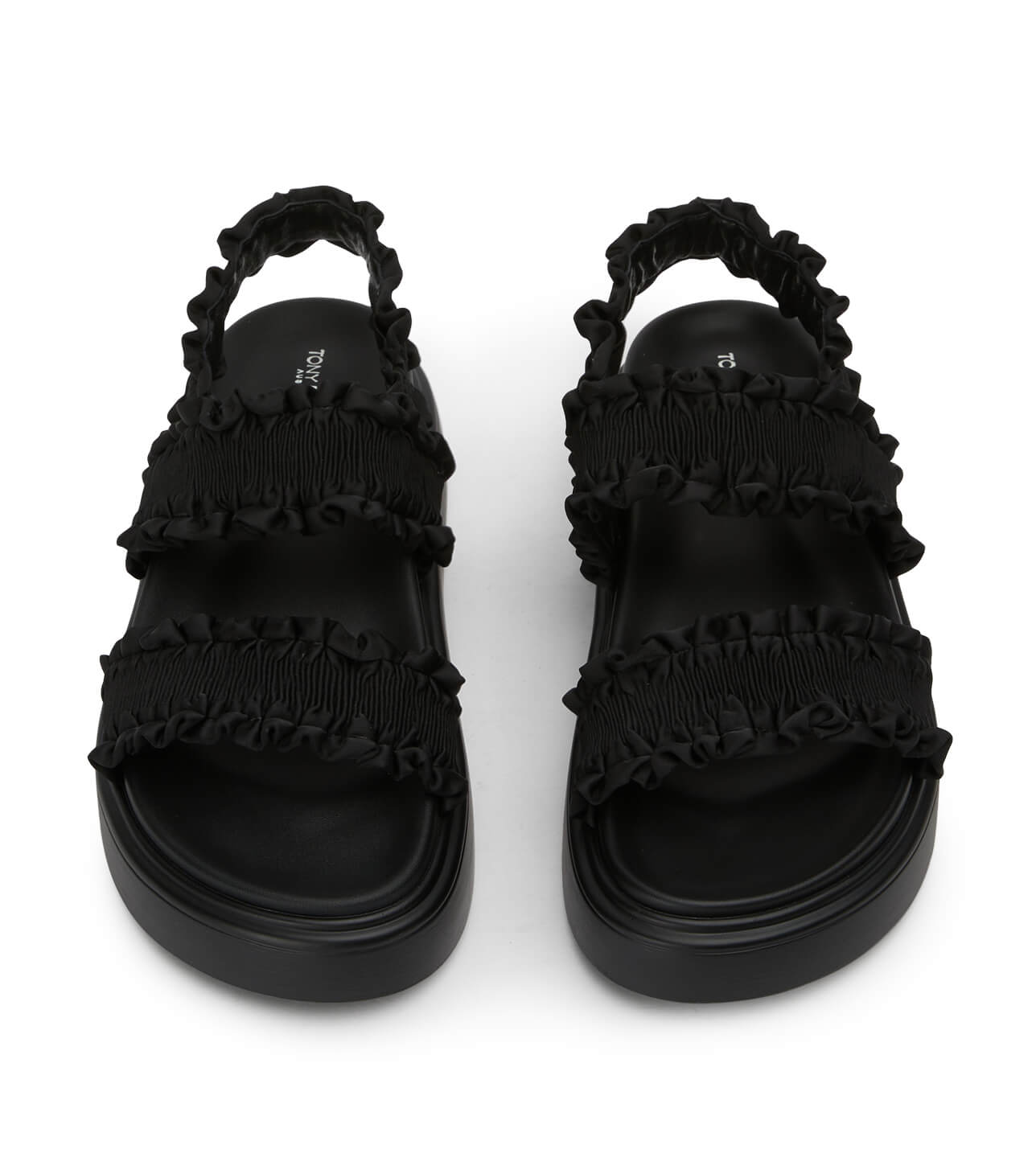 Selena Ruffle Sandal In Black Fabric and Crystals