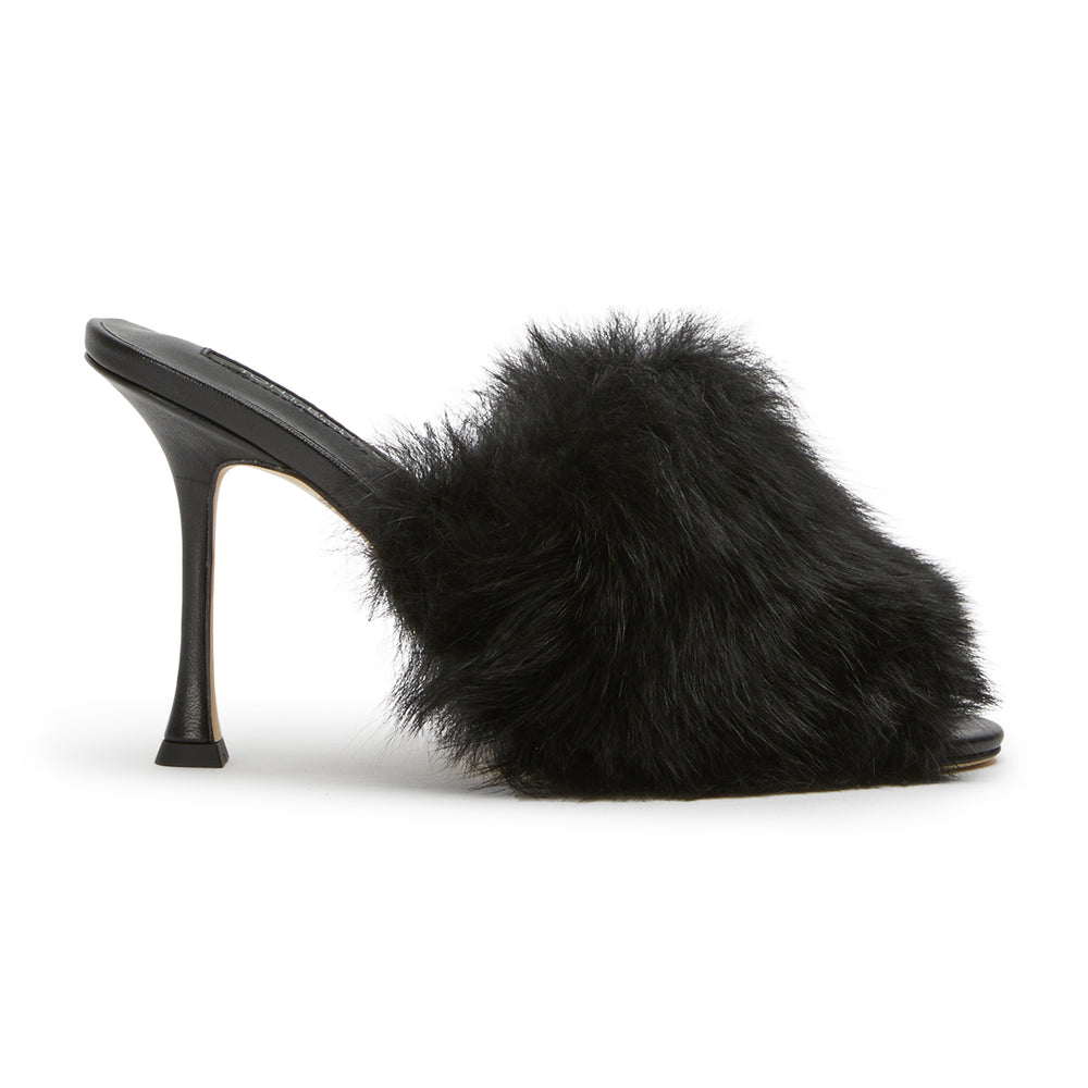 Luxe Black Shearling Heels - Tony Bianco