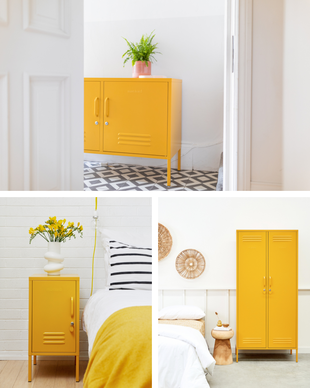 A collage of images shows Mustard lockers styled in bright, white spaces with neutral accents.