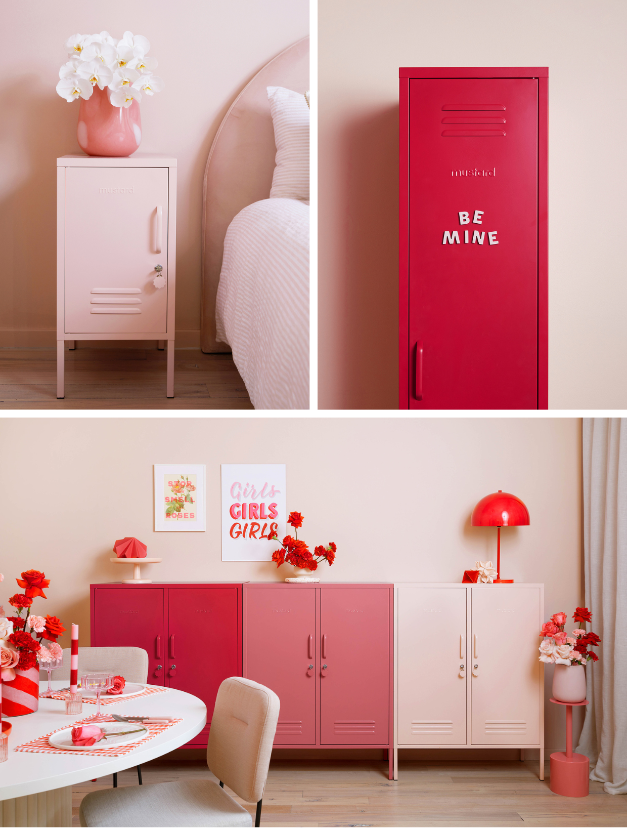 Collage of three images showing Blush, Berry and Poppy lockers.