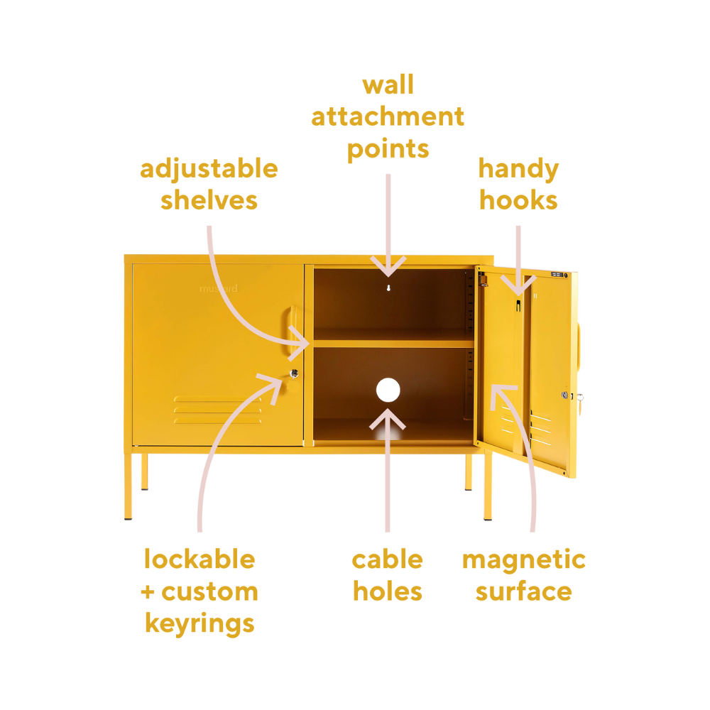 Diagram of a Mustard coloured Lowdown locker with arrows pointing to it's features.