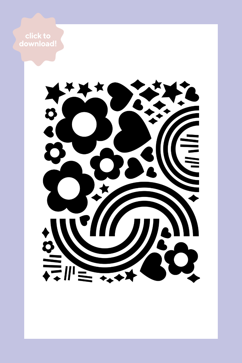 A downloadable black and white template of sticker decals featuring shapes including rainbows, flowers, hearts and sparkles.