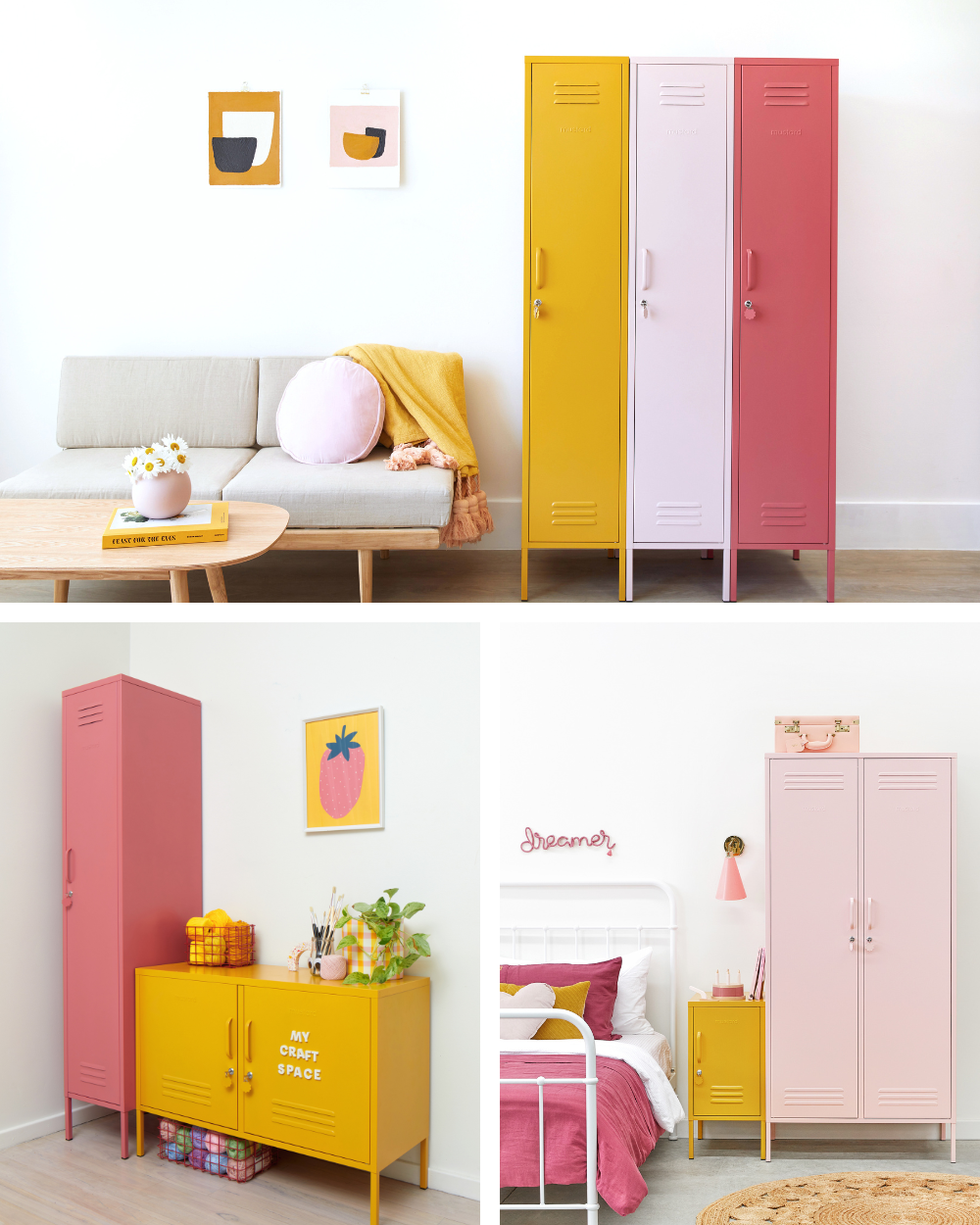 A collage of Mustard yellow lockers styled with pink accessories and Blush and Berry lockers.