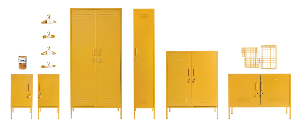 The Mustard family of lockers, hangers and magnets in our signature colour.