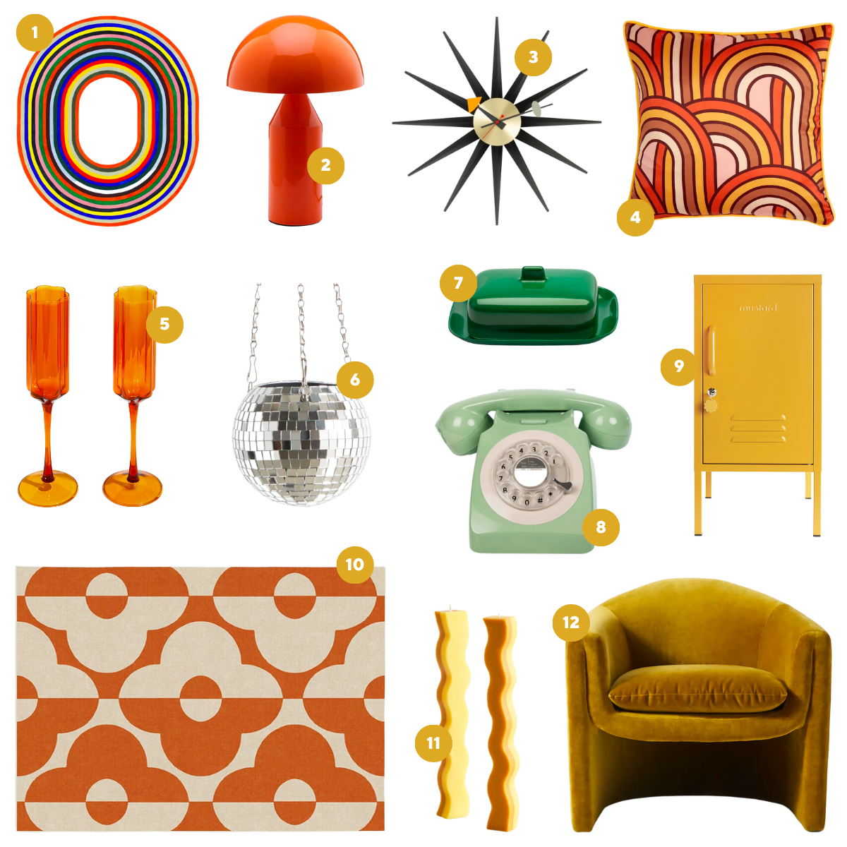A collage of retro styling pieces includes a disco ball, flower power rug and accessories in shades of burnt orange, Mustard yellow and avocado.