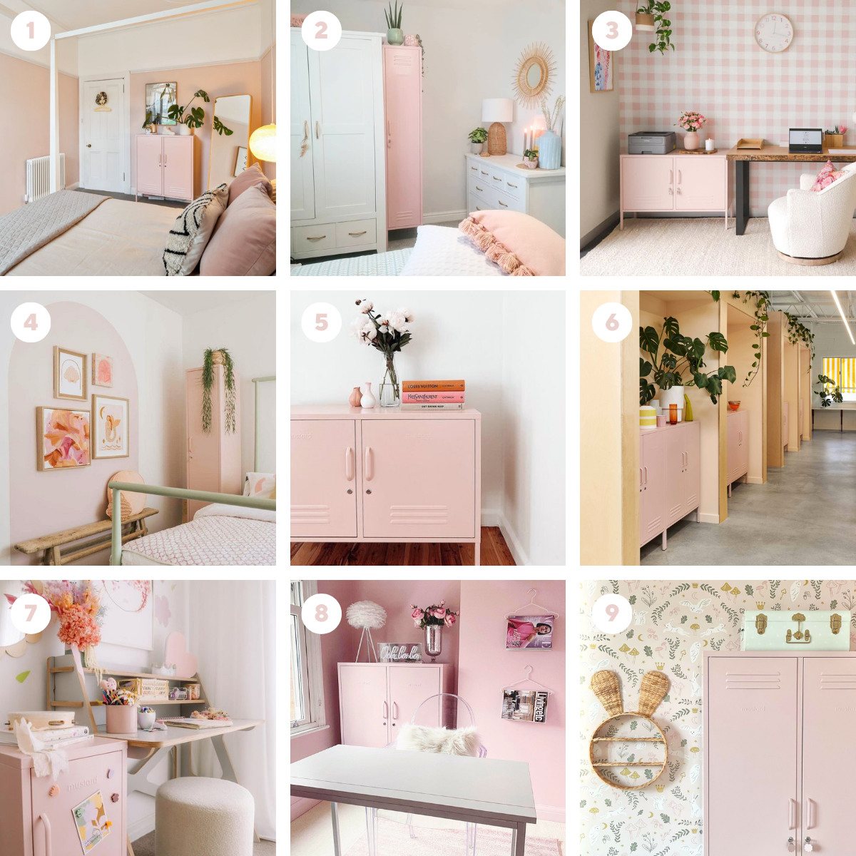 A grid of nine Instagram pictures showing how Mustard Made customers style their Blush lockers at home.