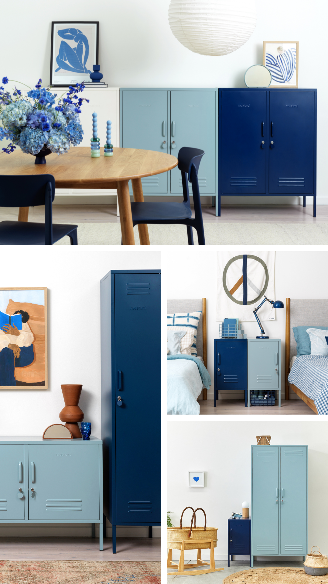 A collage of four images. Each image shows a Navy-coloured locker with an Ocean-coloured locker.