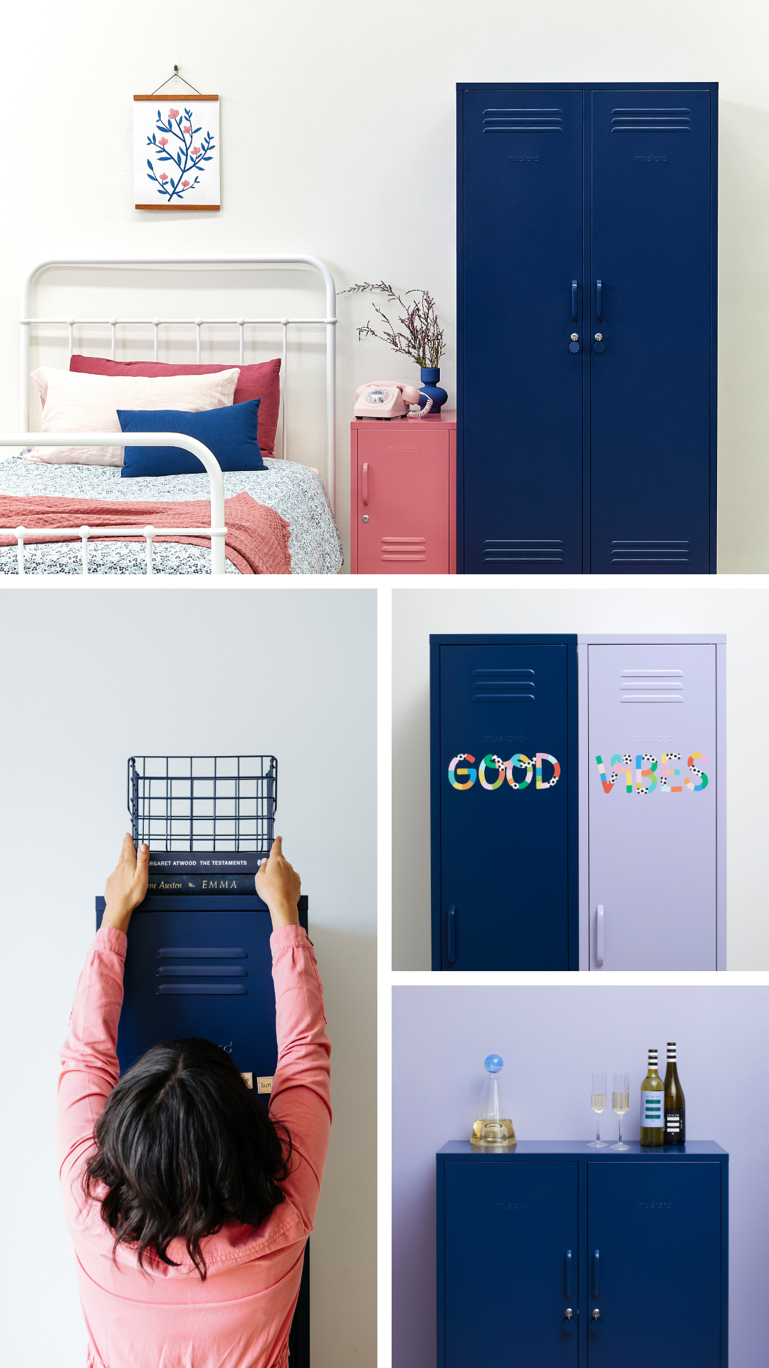 A collage of four images. Each image shows a Navy-coloured locker with either a Lilac or Berry-coloured locker.