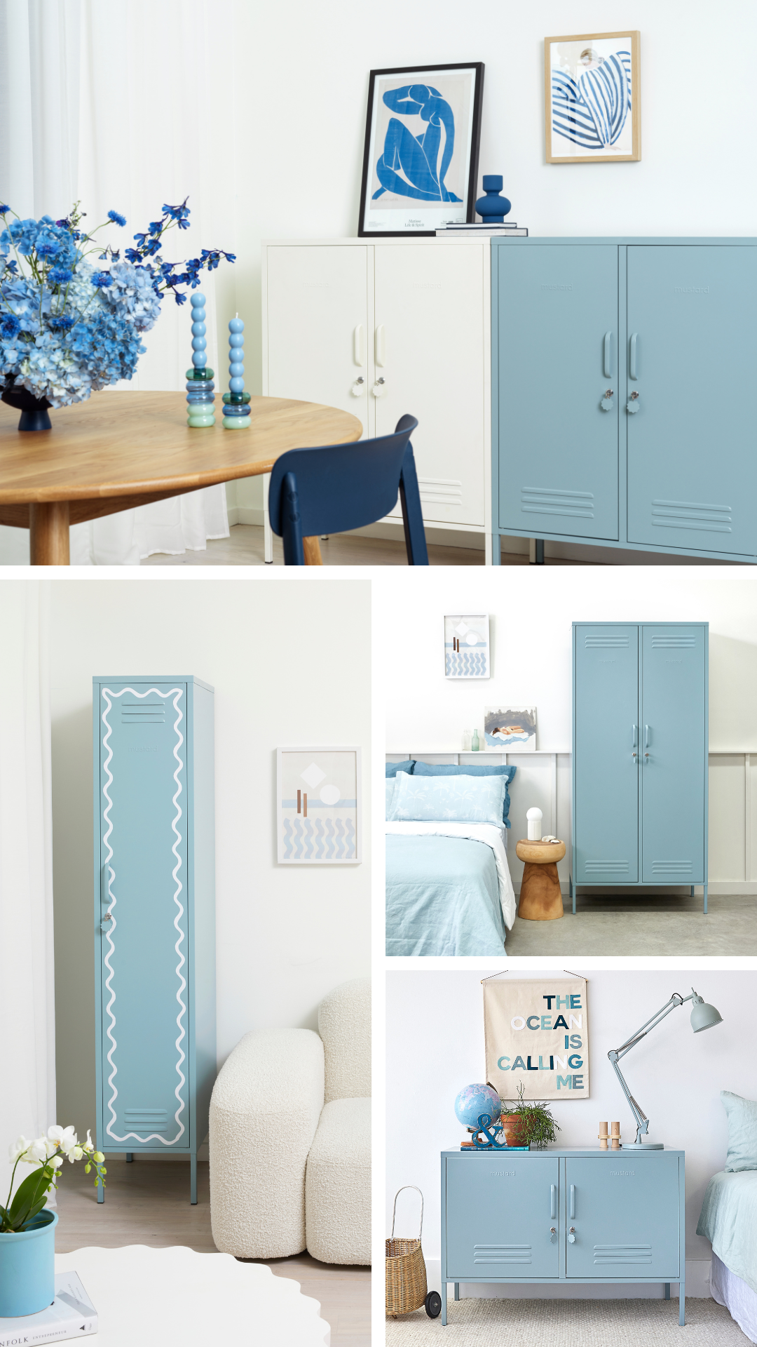 A collage of Ocean coloured lockers with coastal styling.