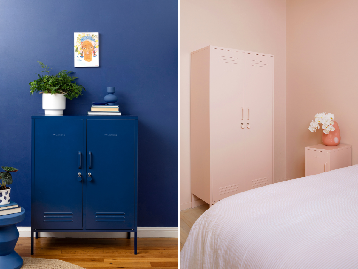 A Midi in Navy is styled against a Navy wall, while a Blush Twinny sits against a Blush wall. Both are styled with matching colourful decor pieces.