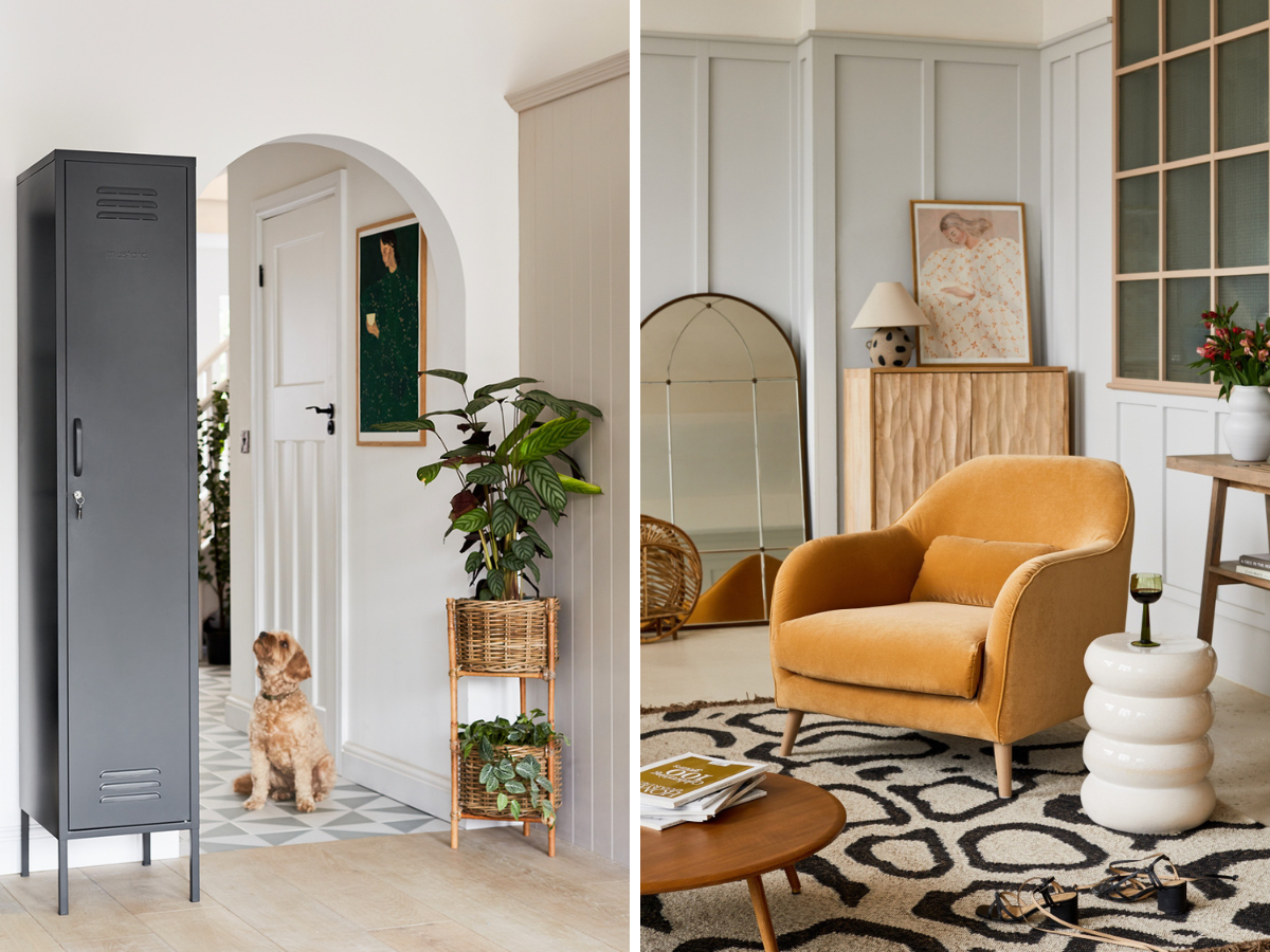 A collage of interiors showing an arched doorway, arched mirror, curved armchair and a rounded side table.