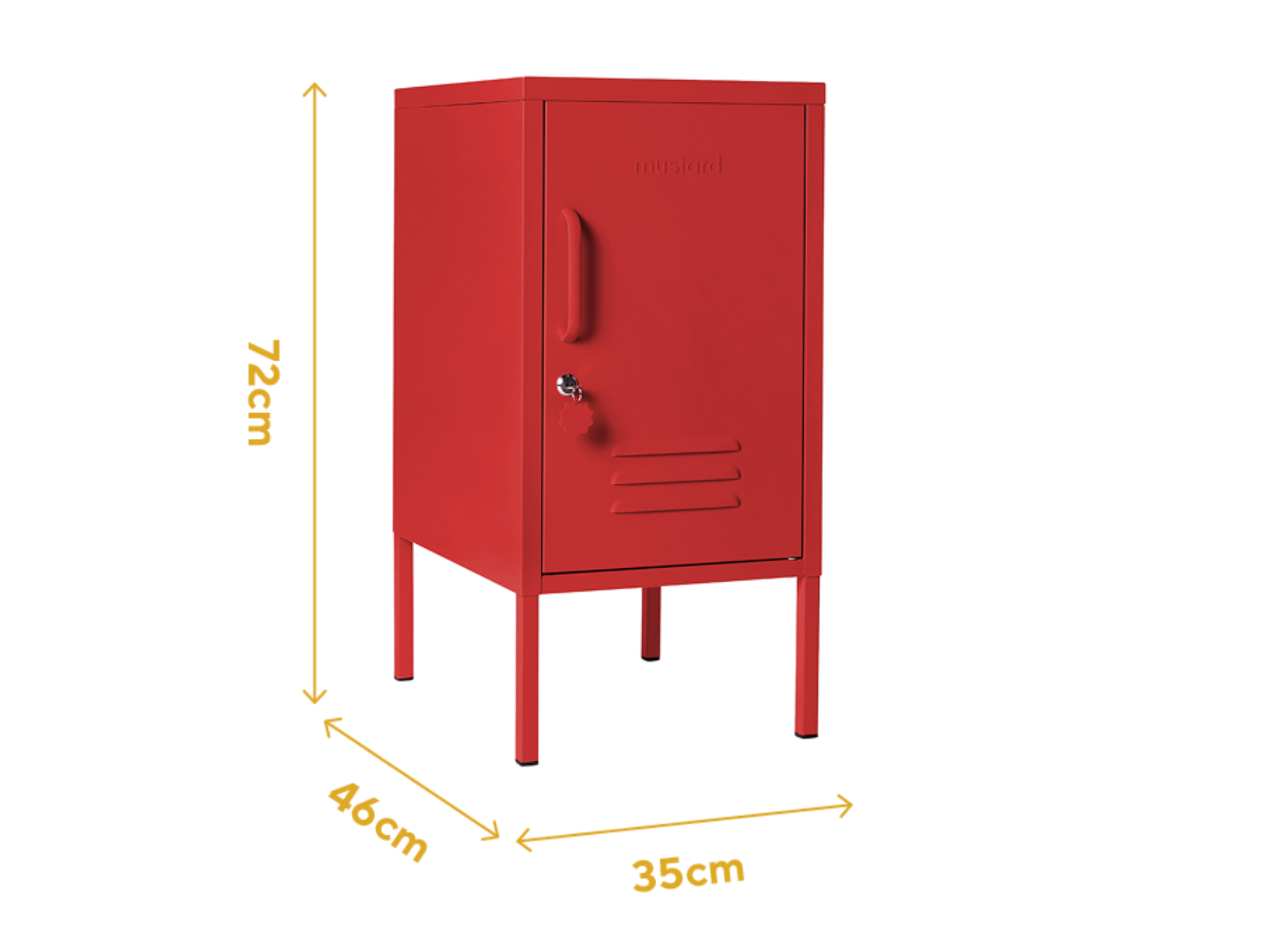 A deep etched image of The Shorty in Poppy with graphics showing the width, depth and height measurements.