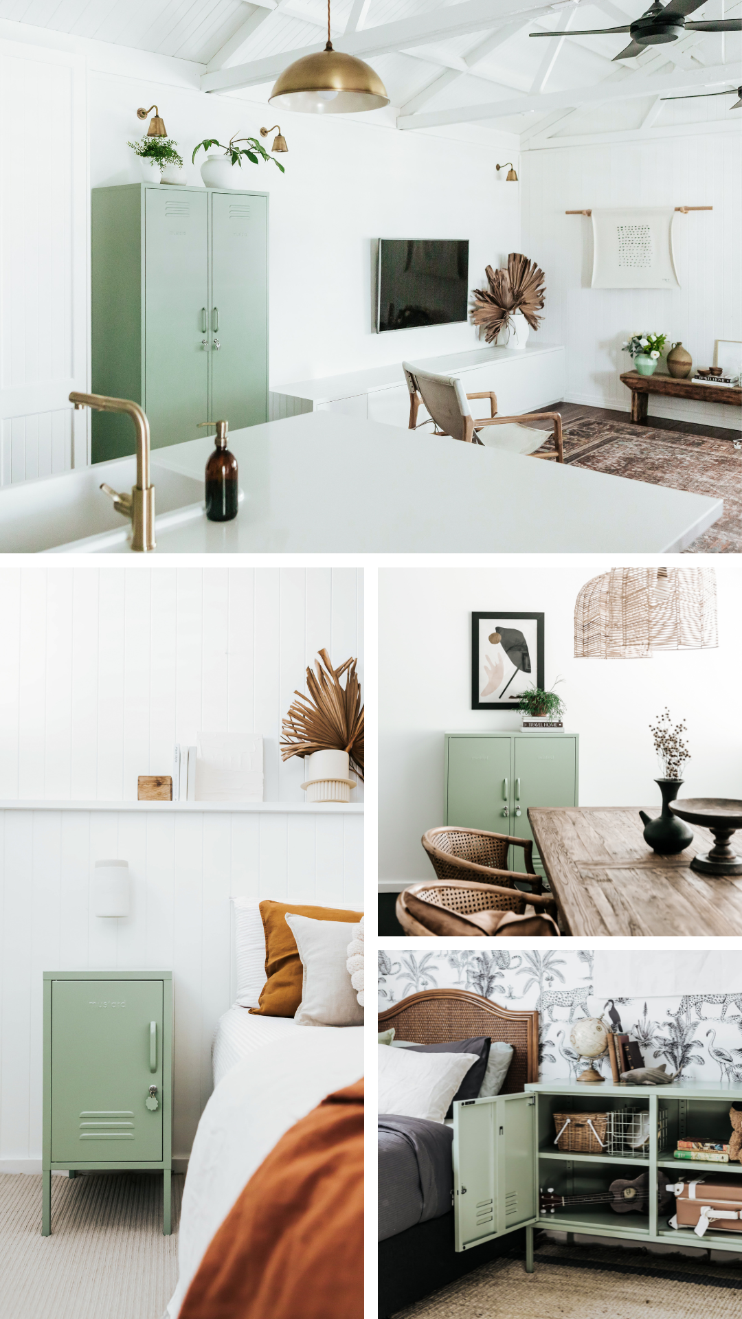 A collage of images featuring Sage green lockers paired with white walls and accents in rust, brown and brass.