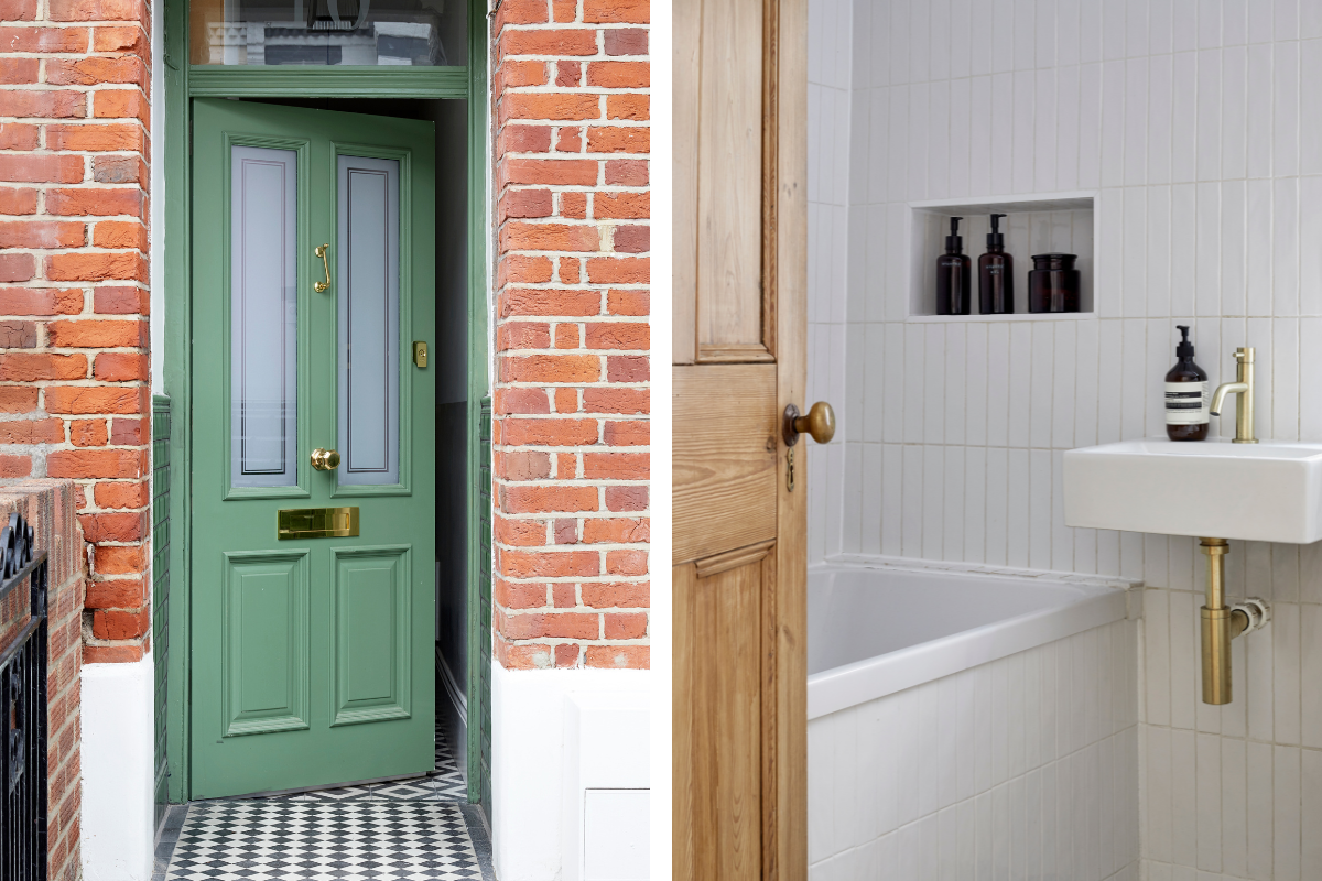 A pair of images shows a sage green front door surrounded by red brick walls, and a white tiled bathroom with brass tapware and a wooden door.